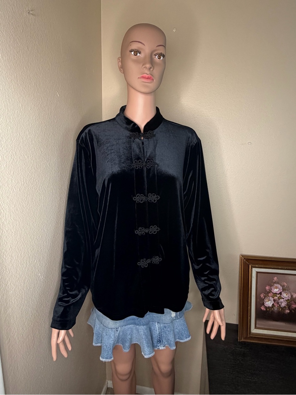 Clio Vintage Black Velvet Mandarin Collar Blouse - Women's Top sz Large